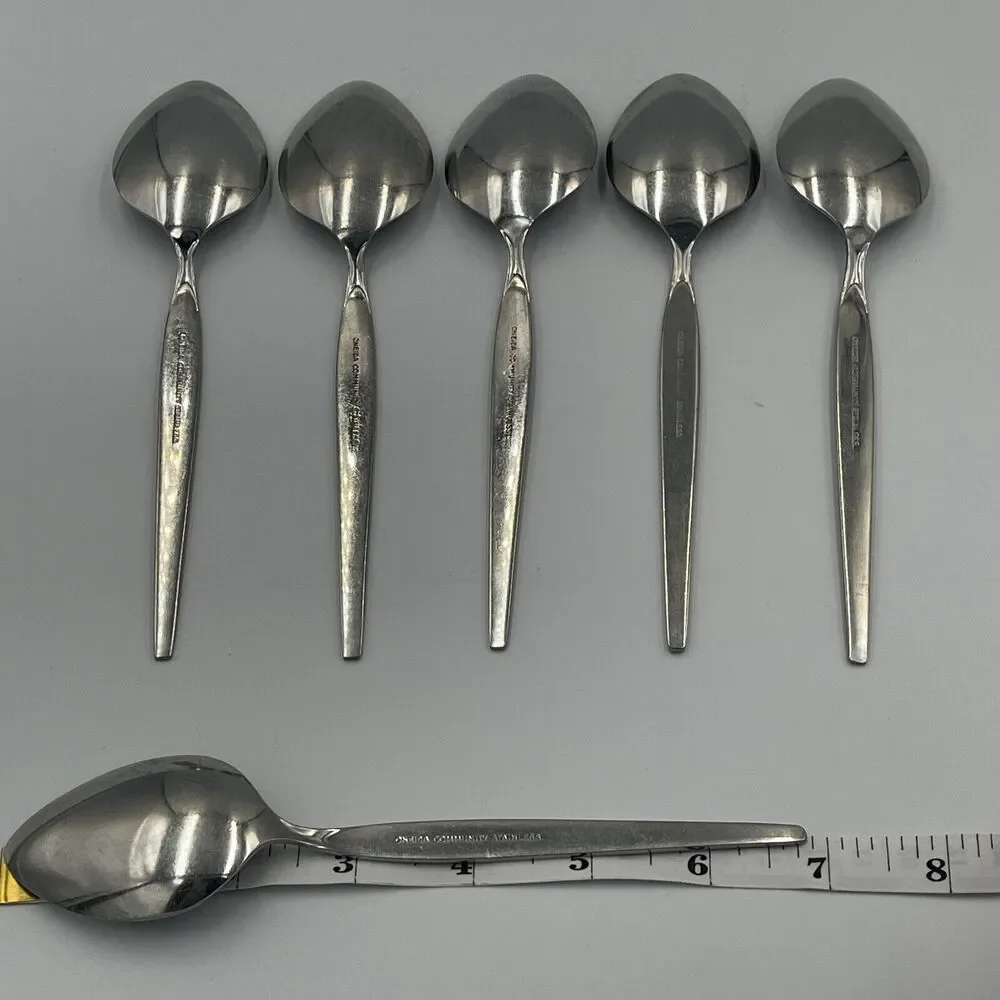 6 Oneida Community SATINIQUE Older Style Stainless Oval SOUP SPOONS Vtg Flatware